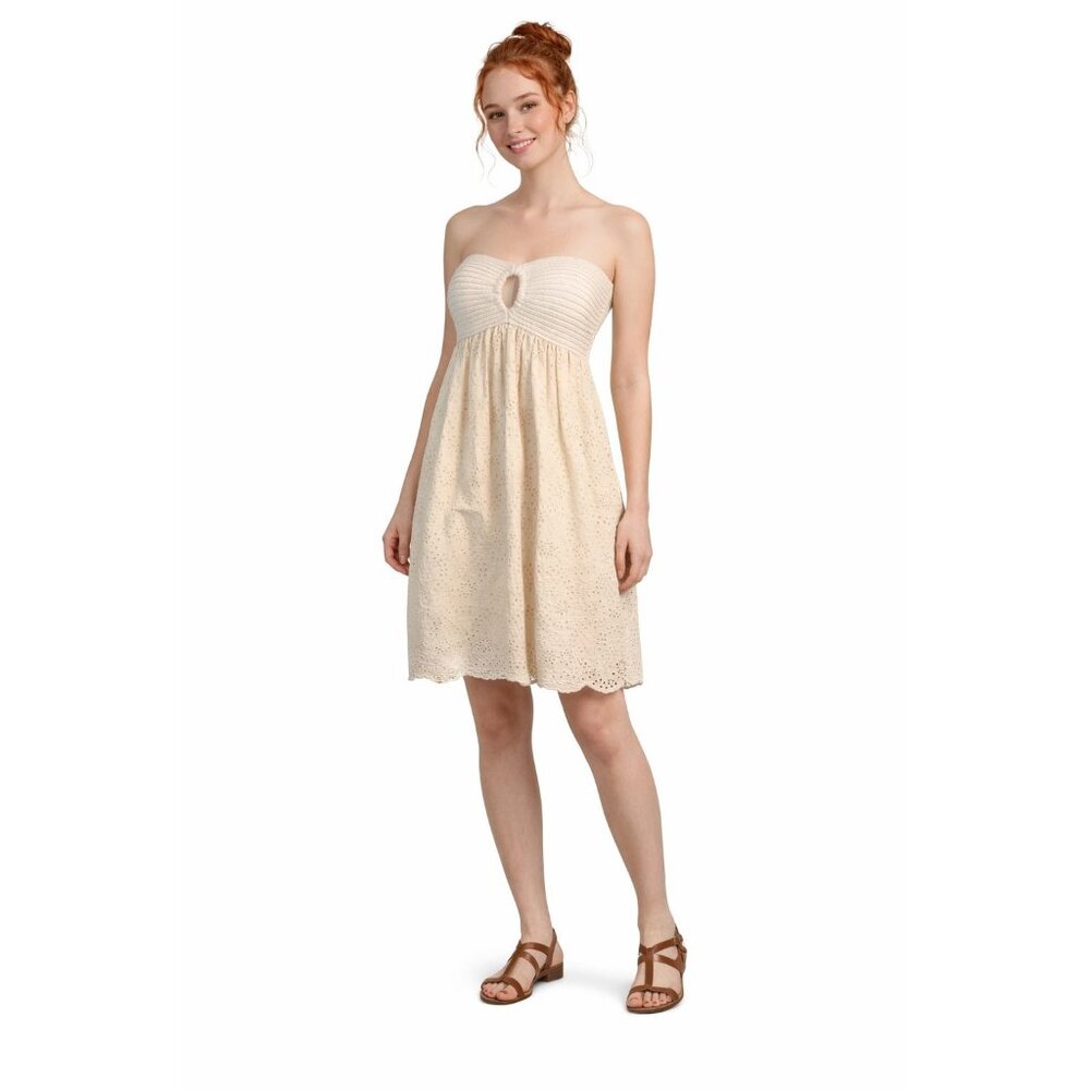 ZARA Cream M Strapless Smocked Dress With Eyelet Skirt